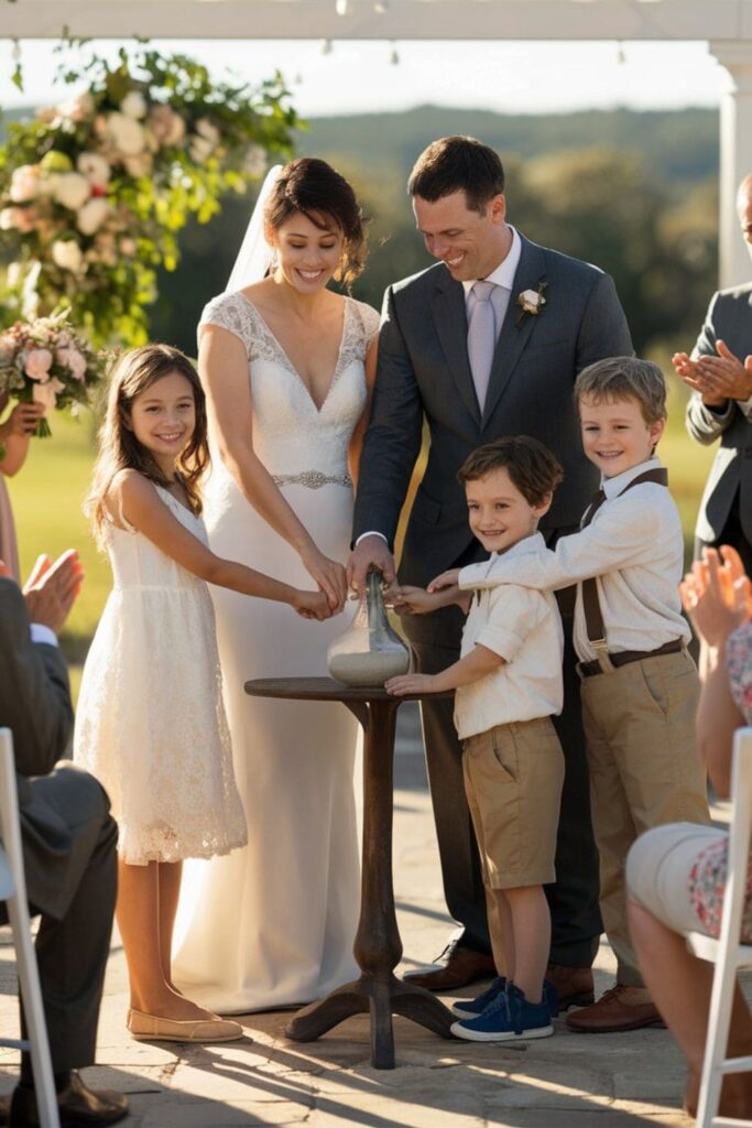 Children participating in a wedding unity ceremony