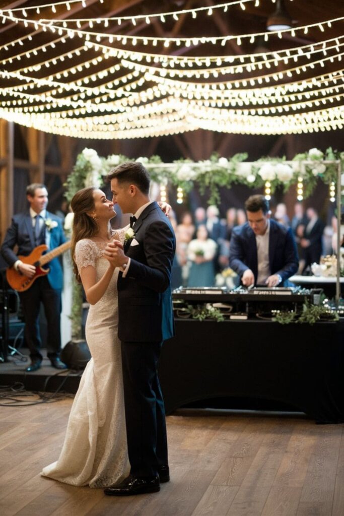 Couple dancing under twinkling lights