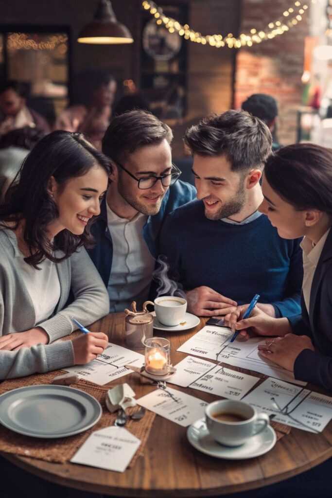 Couple discussing wedding budget over coffee