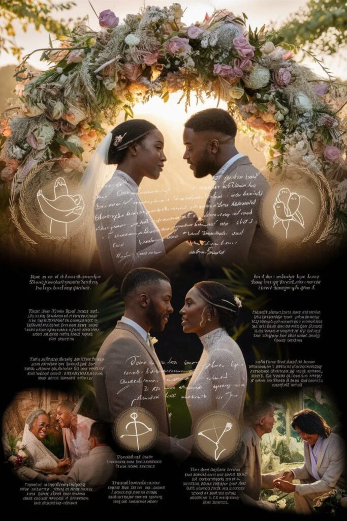 Couple exchanging heartfelt vows under floral arch