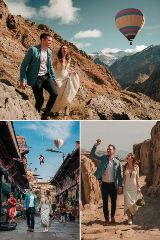 Newlyweds hiking on a scenic mountain trail