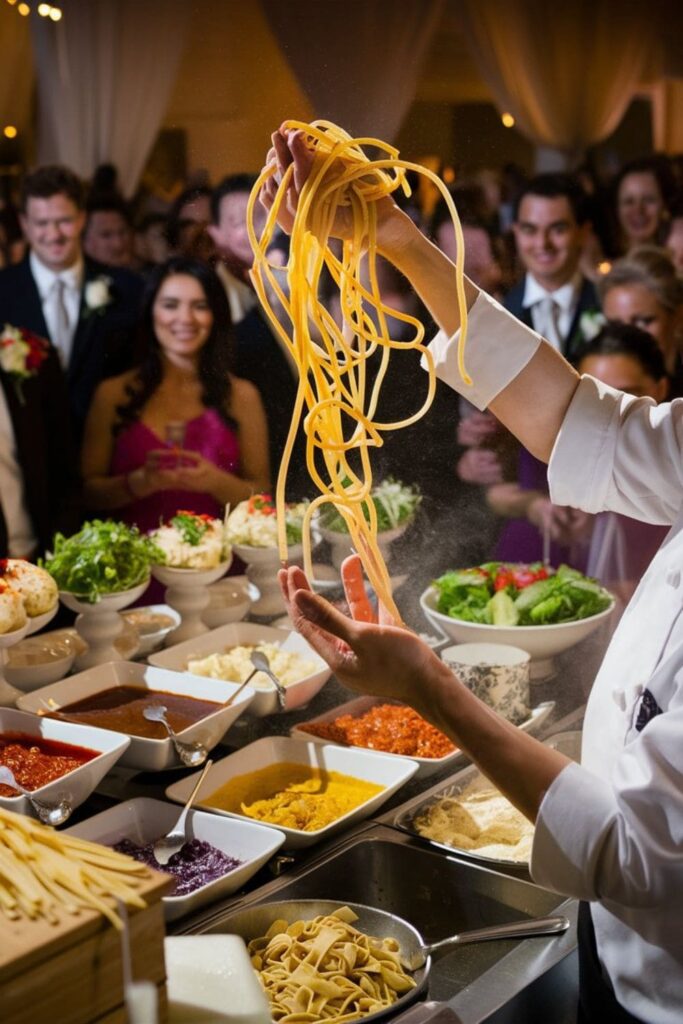 A chef prepares fresh pasta with colorful ingredients