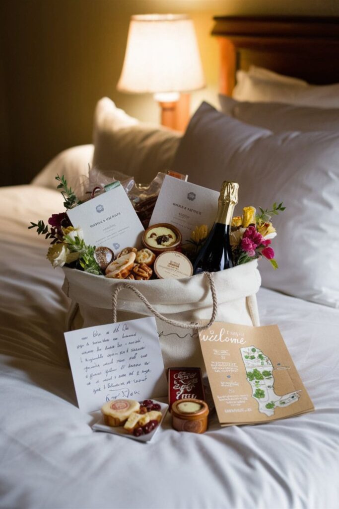 A gift bag with snacks, wine, and a handwritten note on a hotel bed