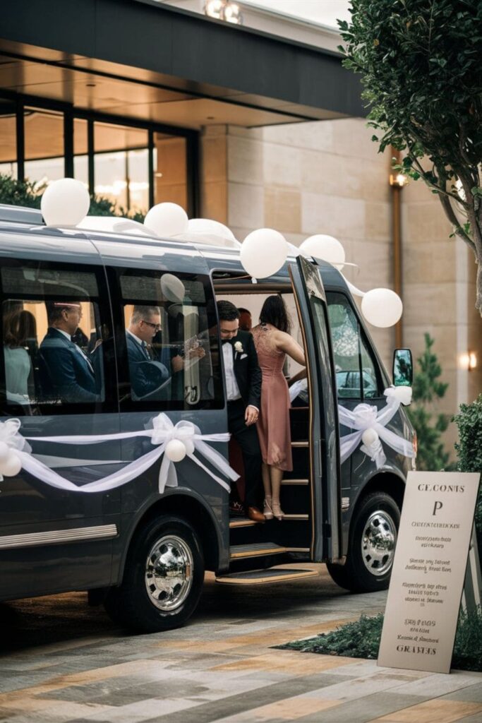 A shuttle bus with guests boarding and a directions sign