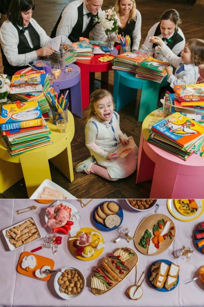 A table with coloring books, crafts, and a babysitter