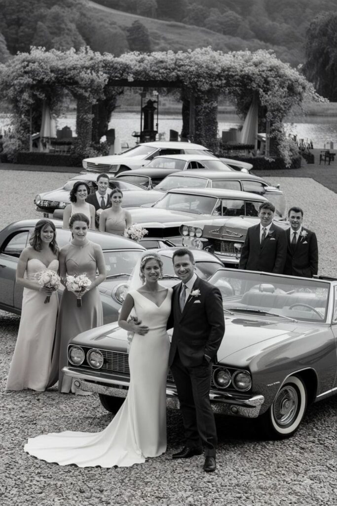 A wedding party with vintage cars