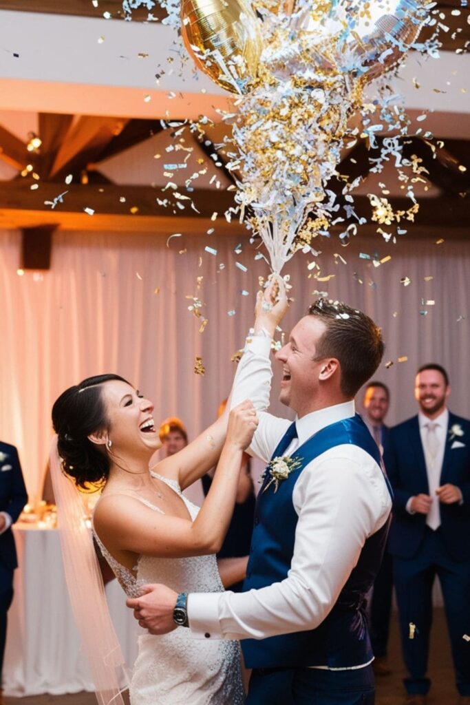 Balloons pop, showering confetti on the couple