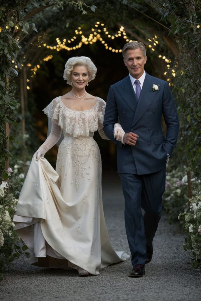 Bride in lace, groom in tailored suit