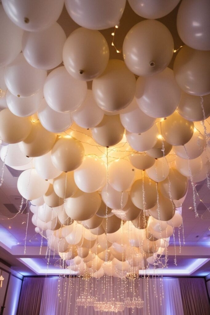 Ceiling filled with floating wedding balloons