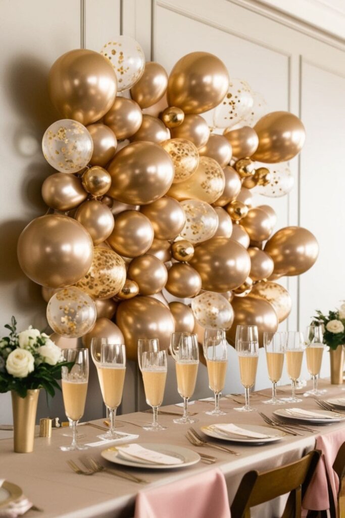 Champagne glasses displayed on a balloon wall