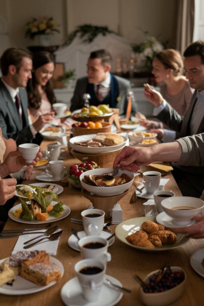 Coffee, pastries, and guests reminiscing