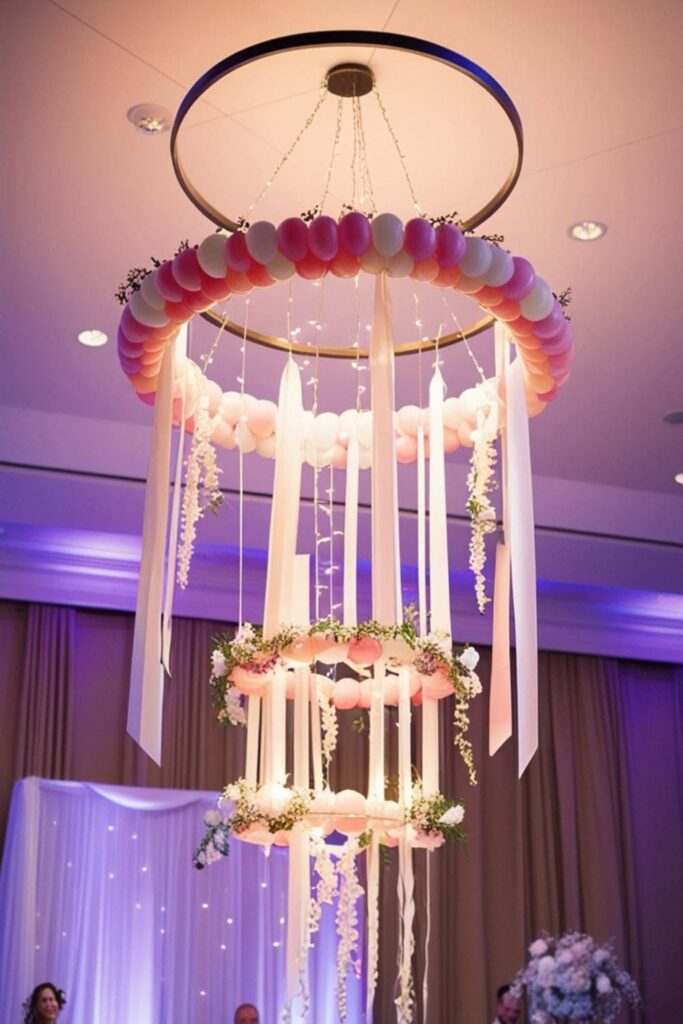 Elegant balloon chandeliers with ribbons and lights