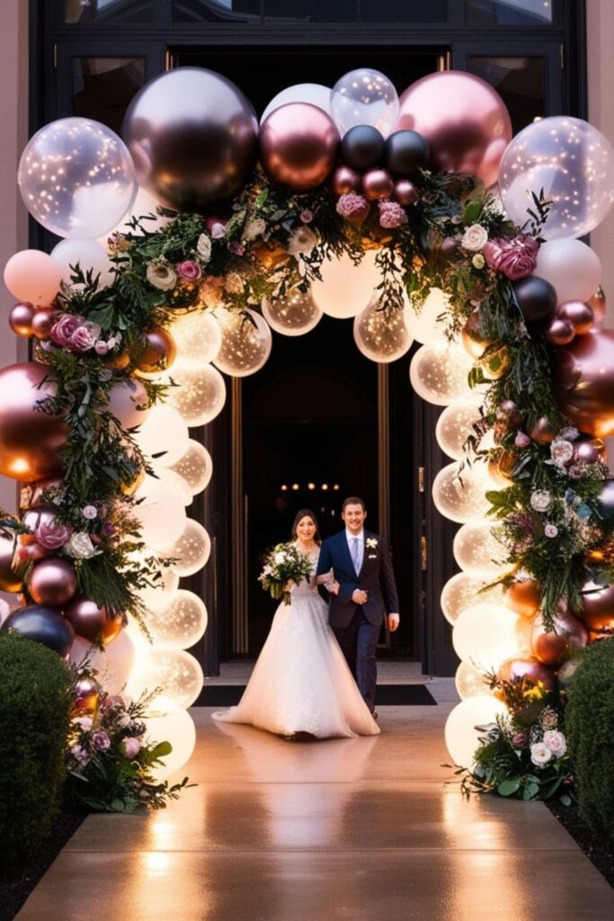 Elegant wedding entrance with a stunning balloon arch