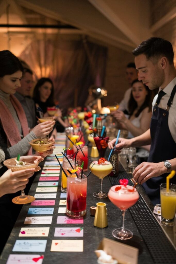 Guests mix drinks at a stylish DIY cocktail station