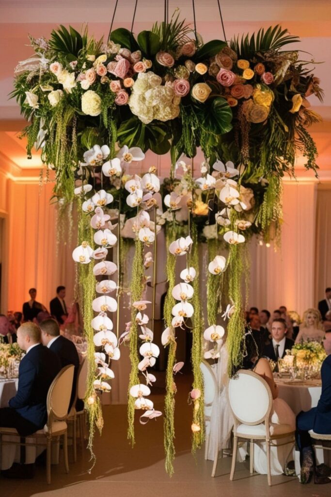 Hanging floral canopy at a wedding