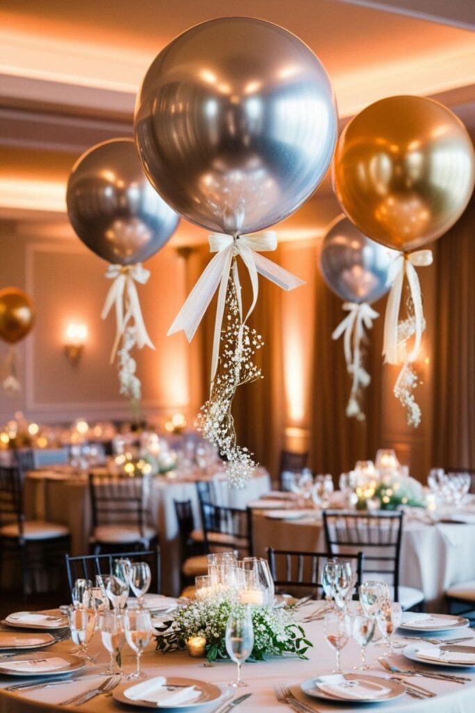 Helium balloon centerpieces above wedding tables