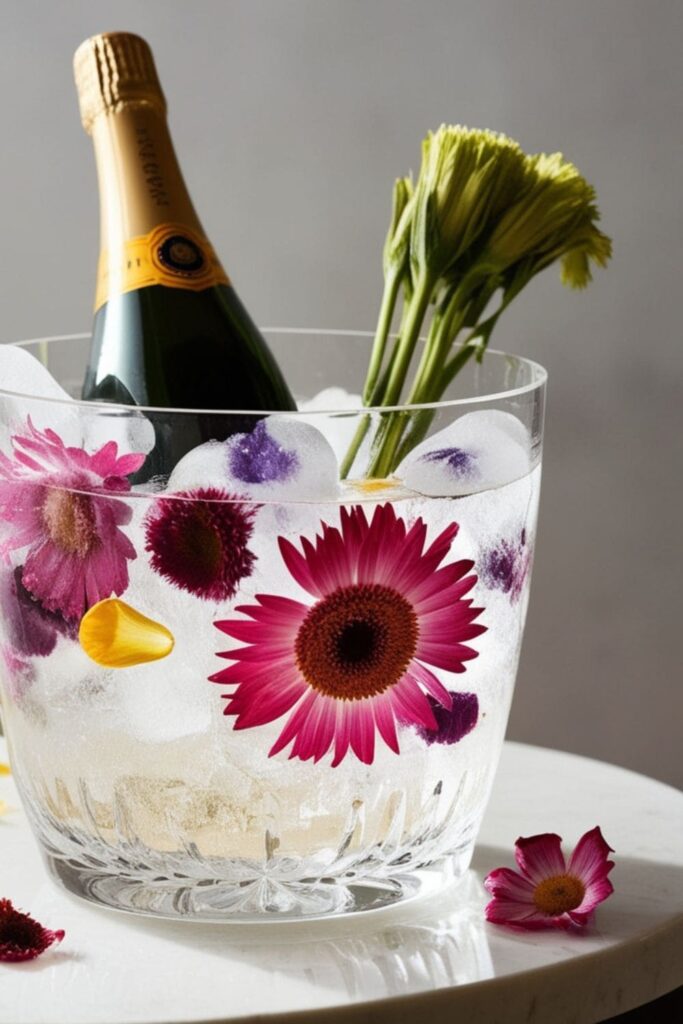 Ice bucket with frozen flowers