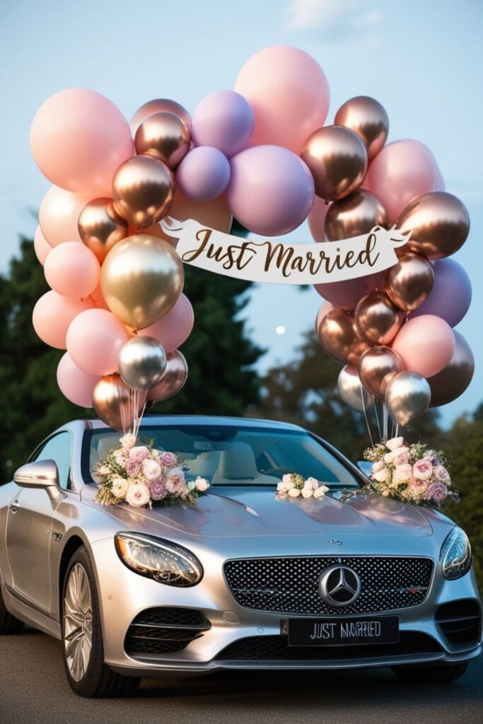 Just Married_ car with festive balloons