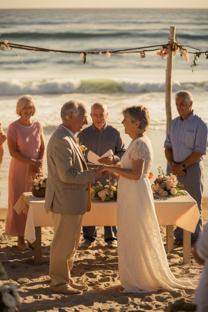 Older couple weds on a sunset beach