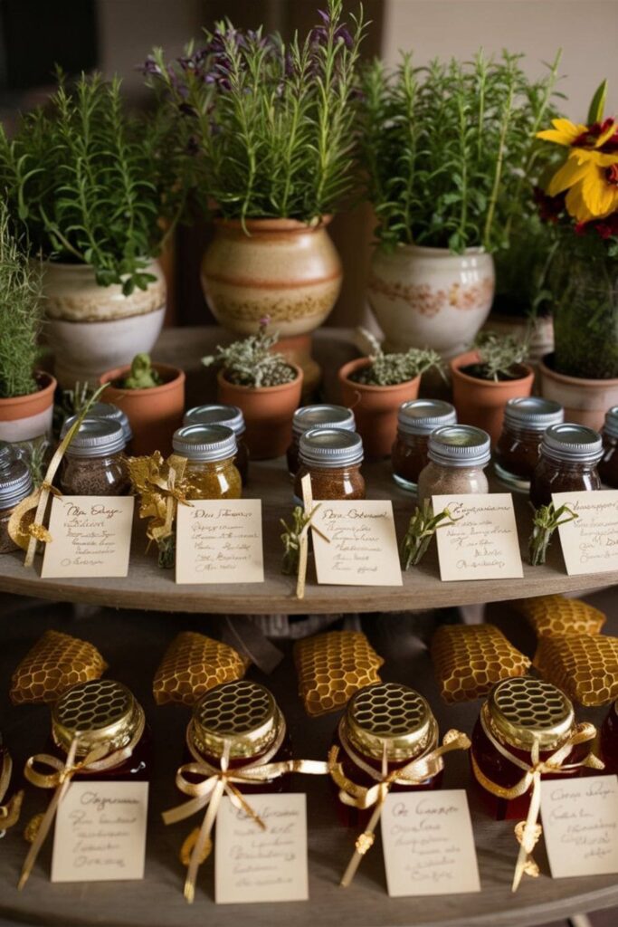 Potted herbs, spice jars, and honey with notes